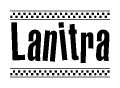 The image is a black and white clipart of the text Lanitra in a bold, italicized font. The text is bordered by a dotted line on the top and bottom, and there are checkered flags positioned at both ends of the text, usually associated with racing or finishing lines.