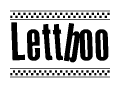 The image is a black and white clipart of the text Lettboo in a bold, italicized font. The text is bordered by a dotted line on the top and bottom, and there are checkered flags positioned at both ends of the text, usually associated with racing or finishing lines.