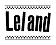 The clipart image displays the text Leland in a bold, stylized font. It is enclosed in a rectangular border with a checkerboard pattern running below and above the text, similar to a finish line in racing. 