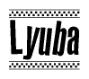 The image is a black and white clipart of the text Lyuba in a bold, italicized font. The text is bordered by a dotted line on the top and bottom, and there are checkered flags positioned at both ends of the text, usually associated with racing or finishing lines.