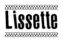 The image is a black and white clipart of the text Lissette in a bold, italicized font. The text is bordered by a dotted line on the top and bottom, and there are checkered flags positioned at both ends of the text, usually associated with racing or finishing lines.