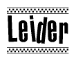 The image is a black and white clipart of the text Leider in a bold, italicized font. The text is bordered by a dotted line on the top and bottom, and there are checkered flags positioned at both ends of the text, usually associated with racing or finishing lines.