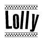 The clipart image displays the text Lolly in a bold, stylized font. It is enclosed in a rectangular border with a checkerboard pattern running below and above the text, similar to a finish line in racing. 