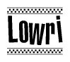 The image contains the text Lowri in a bold, stylized font, with a checkered flag pattern bordering the top and bottom of the text.