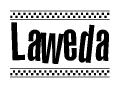 The image contains the text Laweda in a bold, stylized font, with a checkered flag pattern bordering the top and bottom of the text.