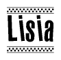 The image is a black and white clipart of the text Lisia in a bold, italicized font. The text is bordered by a dotted line on the top and bottom, and there are checkered flags positioned at both ends of the text, usually associated with racing or finishing lines.