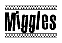 The clipart image displays the text Miggles in a bold, stylized font. It is enclosed in a rectangular border with a checkerboard pattern running below and above the text, similar to a finish line in racing. 