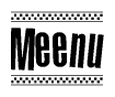 The image contains the text Meenu in a bold, stylized font, with a checkered flag pattern bordering the top and bottom of the text.