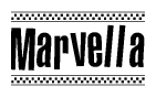 The clipart image displays the text Marvella in a bold, stylized font. It is enclosed in a rectangular border with a checkerboard pattern running below and above the text, similar to a finish line in racing. 