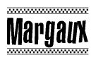 The image is a black and white clipart of the text Margaux in a bold, italicized font. The text is bordered by a dotted line on the top and bottom, and there are checkered flags positioned at both ends of the text, usually associated with racing or finishing lines.