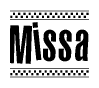 The clipart image displays the text Missa in a bold, stylized font. It is enclosed in a rectangular border with a checkerboard pattern running below and above the text, similar to a finish line in racing. 