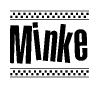 The image contains the text Minke in a bold, stylized font, with a checkered flag pattern bordering the top and bottom of the text.