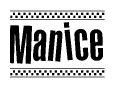 The image contains the text Manice in a bold, stylized font, with a checkered flag pattern bordering the top and bottom of the text.