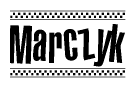 The image contains the text Marczyk in a bold, stylized font, with a checkered flag pattern bordering the top and bottom of the text.