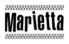 The image contains the text Marietta in a bold, stylized font, with a checkered flag pattern bordering the top and bottom of the text.