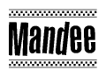 The image is a black and white clipart of the text Mandee in a bold, italicized font. The text is bordered by a dotted line on the top and bottom, and there are checkered flags positioned at both ends of the text, usually associated with racing or finishing lines.