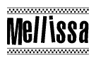 The image contains the text Mellissa in a bold, stylized font, with a checkered flag pattern bordering the top and bottom of the text.