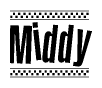 The image contains the text Middy in a bold, stylized font, with a checkered flag pattern bordering the top and bottom of the text.