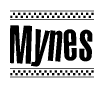 The image contains the text Mynes in a bold, stylized font, with a checkered flag pattern bordering the top and bottom of the text.