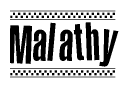 The clipart image displays the text Malathy in a bold, stylized font. It is enclosed in a rectangular border with a checkerboard pattern running below and above the text, similar to a finish line in racing. 
