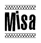 The image is a black and white clipart of the text Misa in a bold, italicized font. The text is bordered by a dotted line on the top and bottom, and there are checkered flags positioned at both ends of the text, usually associated with racing or finishing lines.