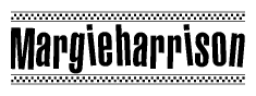 The clipart image displays the text Margieharrison in a bold, stylized font. It is enclosed in a rectangular border with a checkerboard pattern running below and above the text, similar to a finish line in racing. 