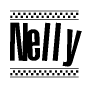 The image is a black and white clipart of the text Nelly in a bold, italicized font. The text is bordered by a dotted line on the top and bottom, and there are checkered flags positioned at both ends of the text, usually associated with racing or finishing lines.