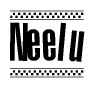 The image contains the text Neelu in a bold, stylized font, with a checkered flag pattern bordering the top and bottom of the text.