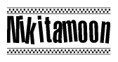 The image contains the text Nikitamoon in a bold, stylized font, with a checkered flag pattern bordering the top and bottom of the text.