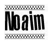 The image is a black and white clipart of the text Noaim in a bold, italicized font. The text is bordered by a dotted line on the top and bottom, and there are checkered flags positioned at both ends of the text, usually associated with racing or finishing lines.