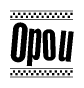 The clipart image displays the text Opou in a bold, stylized font. It is enclosed in a rectangular border with a checkerboard pattern running below and above the text, similar to a finish line in racing. 