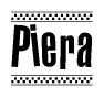 The image contains the text Piera in a bold, stylized font, with a checkered flag pattern bordering the top and bottom of the text.