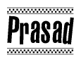 The image is a black and white clipart of the text Prasad in a bold, italicized font. The text is bordered by a dotted line on the top and bottom, and there are checkered flags positioned at both ends of the text, usually associated with racing or finishing lines.