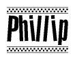 The image contains the text Phillip in a bold, stylized font, with a checkered flag pattern bordering the top and bottom of the text.