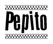 The image is a black and white clipart of the text Pepito in a bold, italicized font. The text is bordered by a dotted line on the top and bottom, and there are checkered flags positioned at both ends of the text, usually associated with racing or finishing lines.