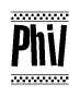 The image is a black and white clipart of the text Phil in a bold, italicized font. The text is bordered by a dotted line on the top and bottom, and there are checkered flags positioned at both ends of the text, usually associated with racing or finishing lines.