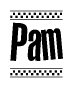 The image contains the text Pam in a bold, stylized font, with a checkered flag pattern bordering the top and bottom of the text.