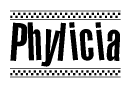The clipart image displays the text Phylicia in a bold, stylized font. It is enclosed in a rectangular border with a checkerboard pattern running below and above the text, similar to a finish line in racing. 