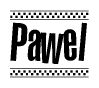 The image is a black and white clipart of the text Pawel in a bold, italicized font. The text is bordered by a dotted line on the top and bottom, and there are checkered flags positioned at both ends of the text, usually associated with racing or finishing lines.