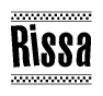 The image is a black and white clipart of the text Rissa in a bold, italicized font. The text is bordered by a dotted line on the top and bottom, and there are checkered flags positioned at both ends of the text, usually associated with racing or finishing lines.