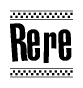 The clipart image displays the text Rere in a bold, stylized font. It is enclosed in a rectangular border with a checkerboard pattern running below and above the text, similar to a finish line in racing. 
