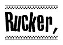 The image contains the text Rucker in a bold, stylized font, with a checkered flag pattern bordering the top and bottom of the text.