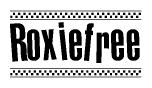 The image contains the text Roxiefree in a bold, stylized font, with a checkered flag pattern bordering the top and bottom of the text.