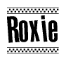 The clipart image displays the text Roxie in a bold, stylized font. It is enclosed in a rectangular border with a checkerboard pattern running below and above the text, similar to a finish line in racing. 