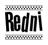 The clipart image displays the text Redni in a bold, stylized font. It is enclosed in a rectangular border with a checkerboard pattern running below and above the text, similar to a finish line in racing. 