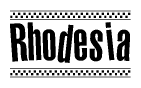 The image contains the text Rhodesia in a bold, stylized font, with a checkered flag pattern bordering the top and bottom of the text.