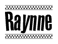 The image contains the text Raynne in a bold, stylized font, with a checkered flag pattern bordering the top and bottom of the text.