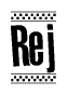 The image is a black and white clipart of the text Rej in a bold, italicized font. The text is bordered by a dotted line on the top and bottom, and there are checkered flags positioned at both ends of the text, usually associated with racing or finishing lines.