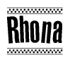 The image contains the text Rhona in a bold, stylized font, with a checkered flag pattern bordering the top and bottom of the text.
