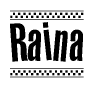 The image contains the text Raina in a bold, stylized font, with a checkered flag pattern bordering the top and bottom of the text.